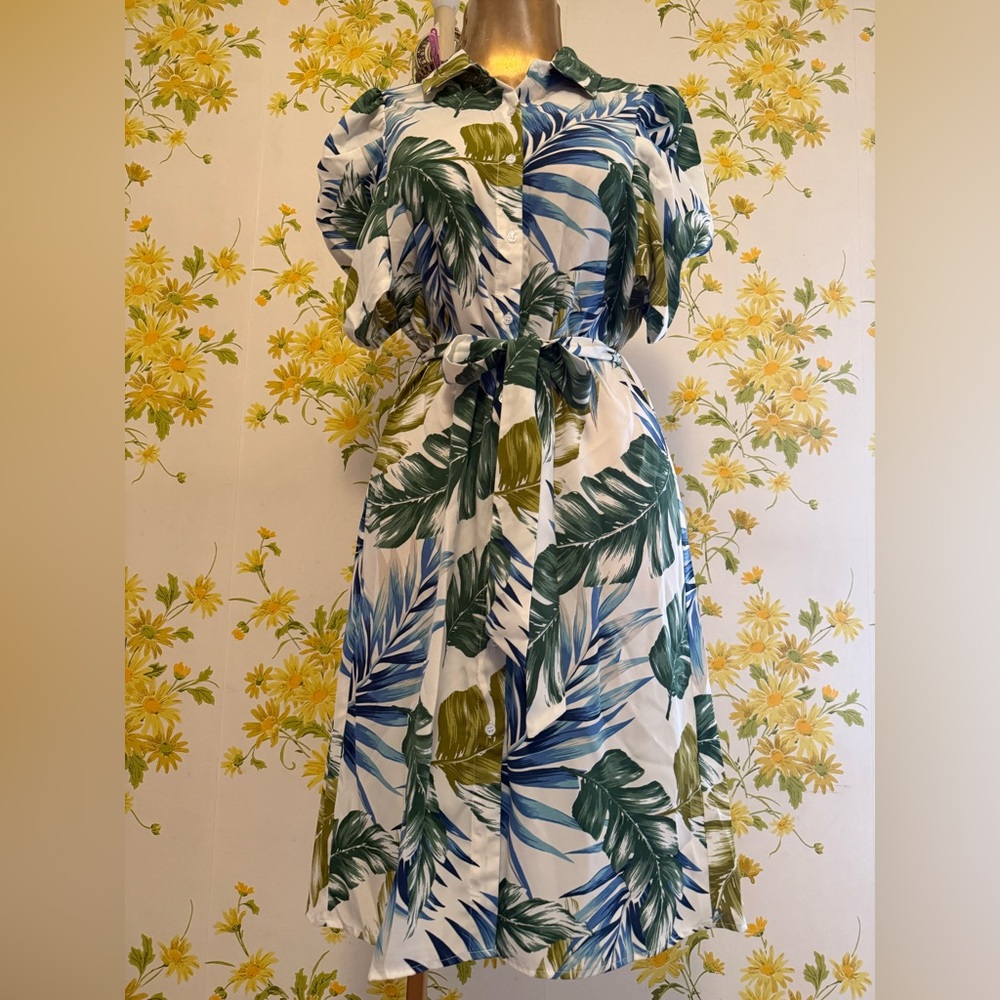 Leaf print button up midi dress size S